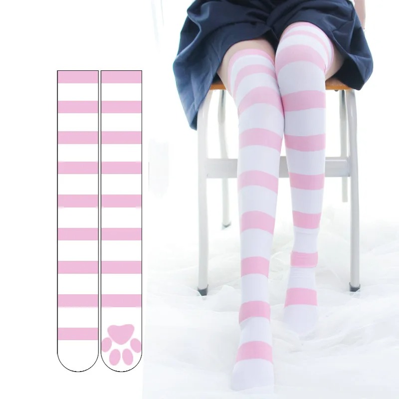 Velvet Ribbon Roll - ถุงเท้ายาวลายแมวสีชมพูสไตล์โลลิต้า กอธิค ผ้ากำมะหยี่ ถุงเท้ายาวเหนือเข่า ถุงเท้ายาว JK