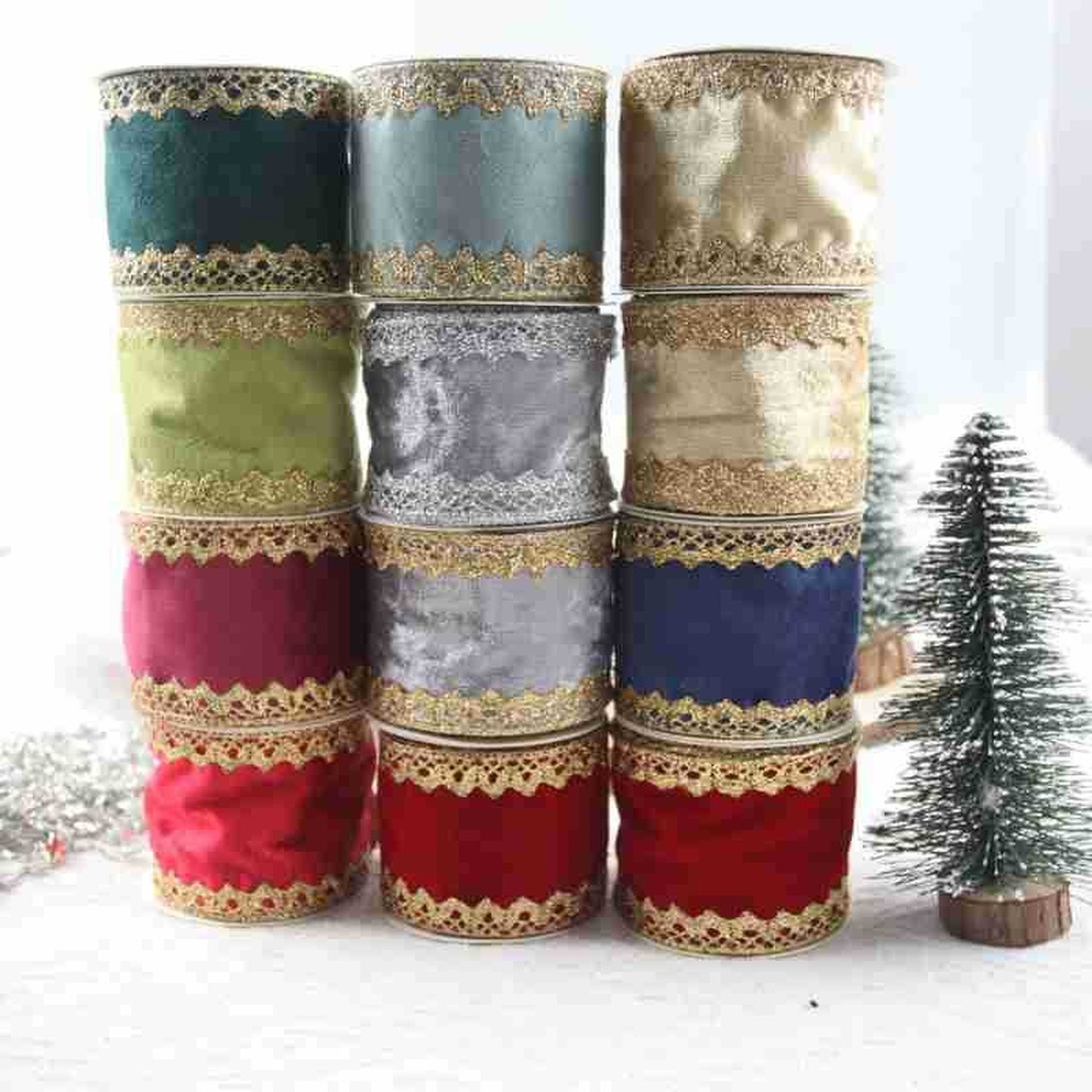 Velvet Ribbon Roll - ริบบิ้นผ้ากำมะหยี่มีลวดลาย ขอบลูกไม้ระยิบระยับ ริบบิ้นสำหรับห่อของขวัญ ริบบิ้นที่มีโครงสร้าง เหมาะสำหรับตกแต่งฉากคริสต์มาส งานเย็บปักถักร้อย