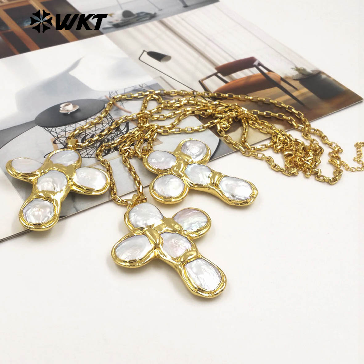 Pearl Trim Chain - WT-JN349 สร้อยคอไข่มุกน้ำจืดธรรมชาติรูปกากบาท ดีไซน์ใหม่ล่าสุด ขนาด 18 นิ้ว