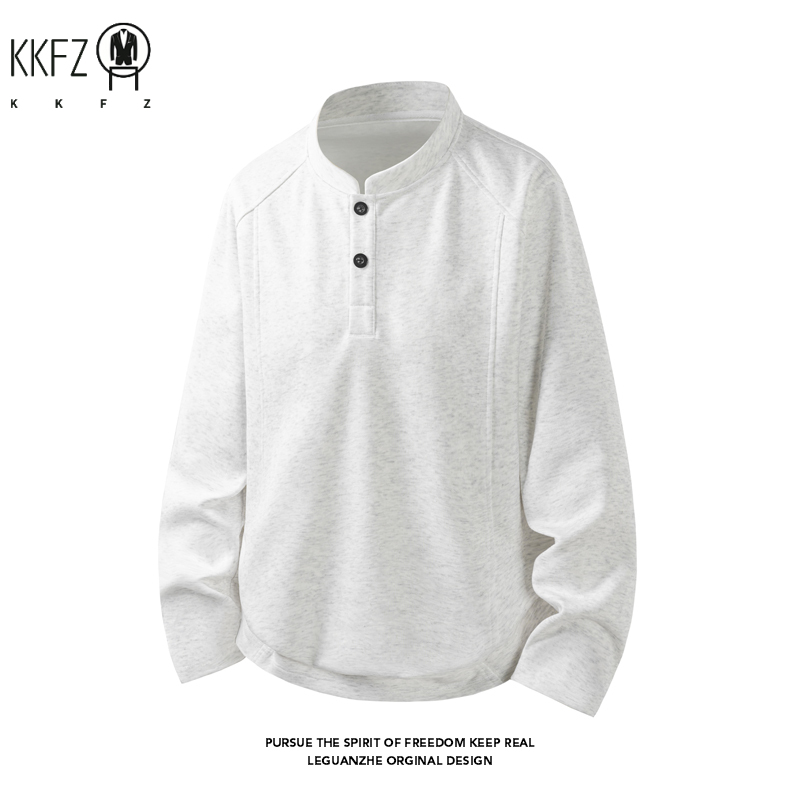 Embellish Knit - เสื้อผู้ชายแขนแร็กแลน คอตั้ง กระดุมสองเม็ด แขนยาว ผ้าระบายอากาศ เหมาะสำหรับการเดินทางและสวมใส่ลำลอง